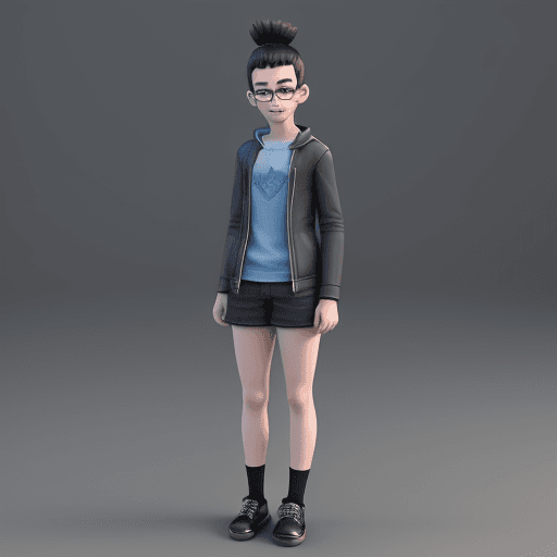 AI generated: a 15 year old young student avatar, 3d animation, 4k, 8k, happy, studious, with glasses, black shoes