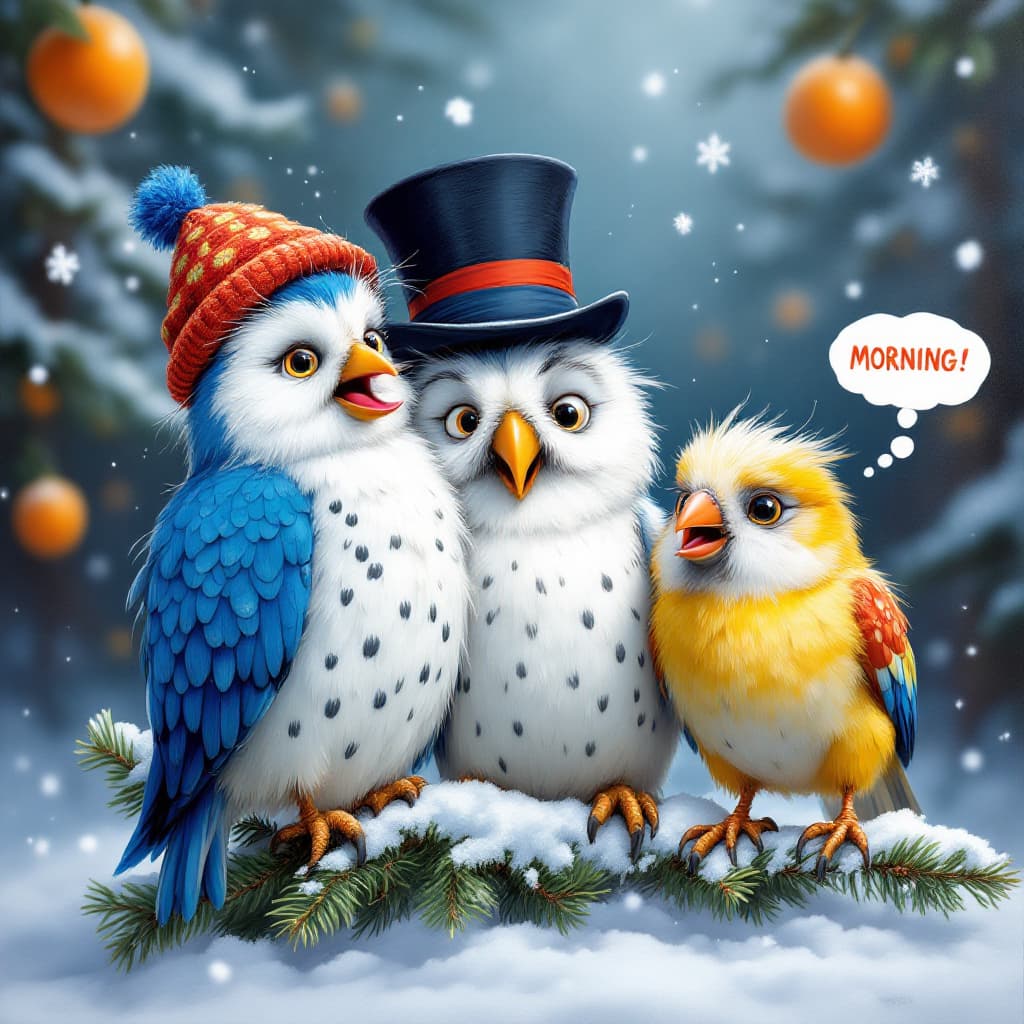 AI generated: Airbrushed oil painting in Disney Pixar style depicting three funny cartoon birds polar owl, colorfu...
