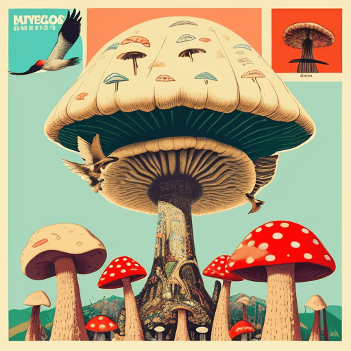 AI generated: a collage illustration of birds and giant mushrooms in a dystopic natural environment, collage retro...