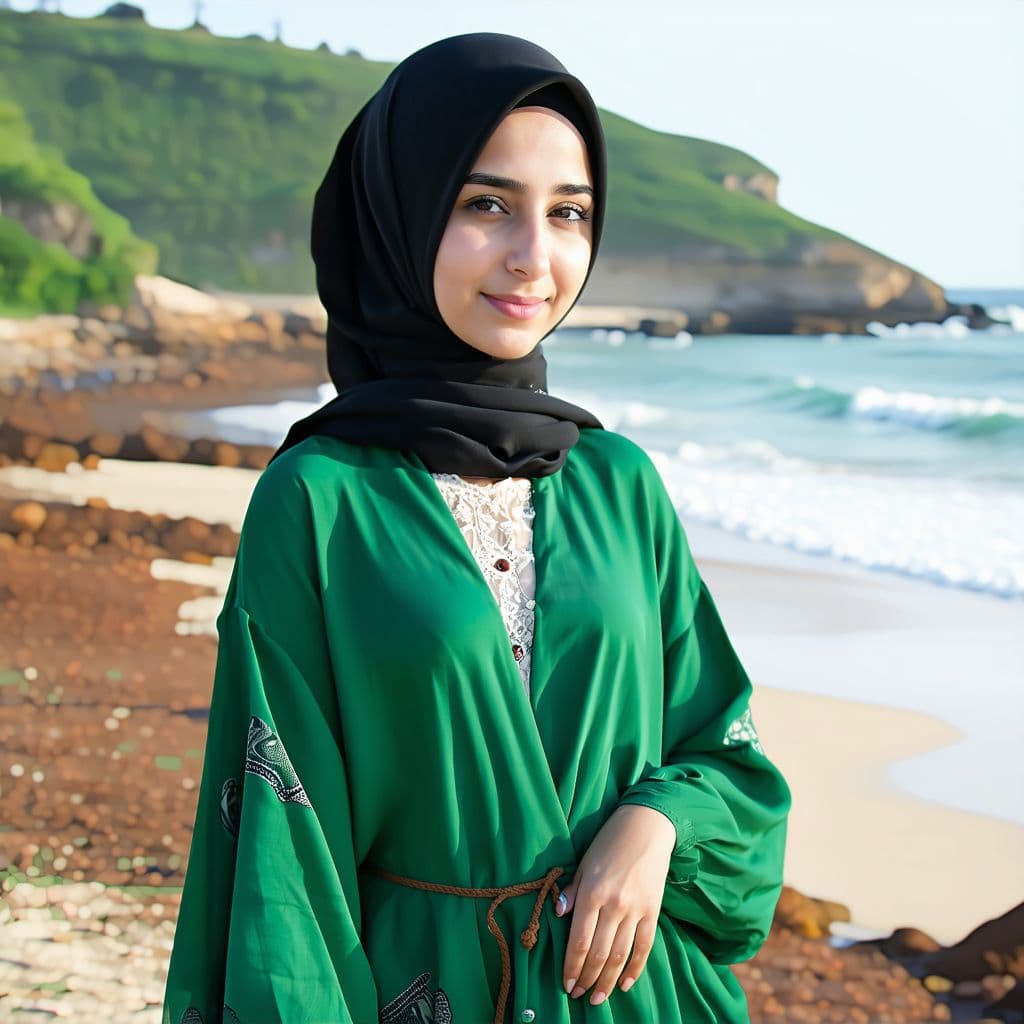 AI generated: Beautiful girl wearing hijab, wearing green robe with beautiful beach view 