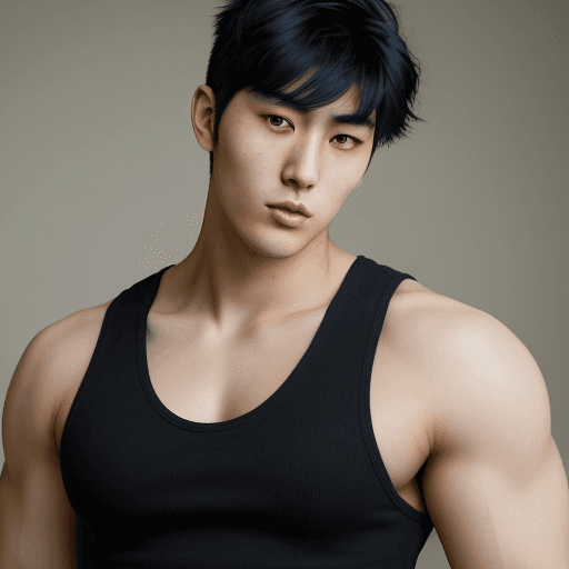 AI generated: A photorealistic portrait of a handsome 24-year-old Japanese man with very short, dark blue hair. He...