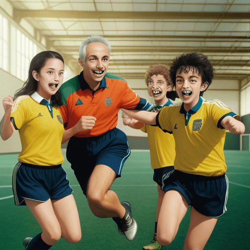 AI generated: Full color indoor soccer field photography of an coach soccer man in soccer uniform with his happy s...