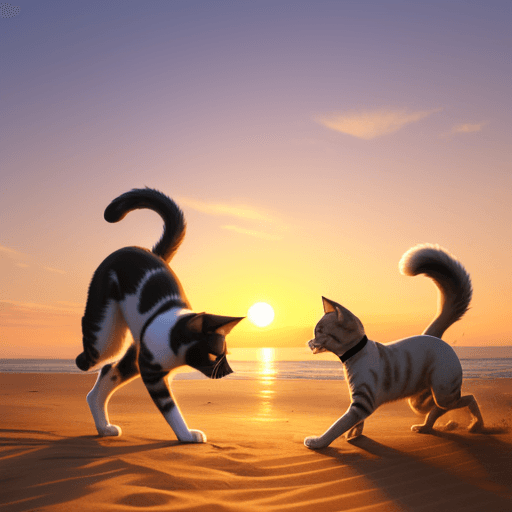 AI generated: Cats and dogs playing in sand BACK SUNDOWN