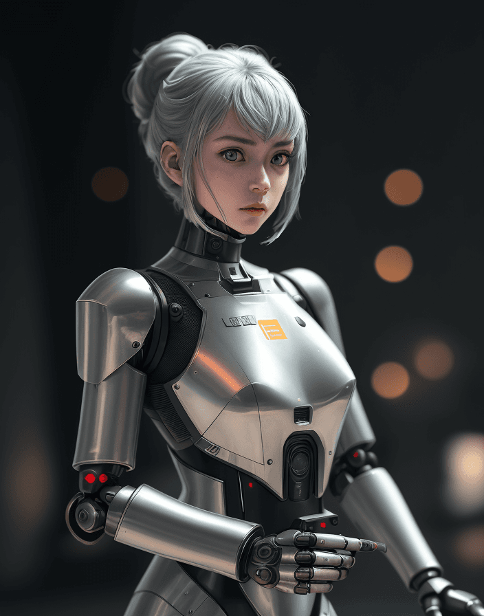 AI generated: fking_scifi_v2, portrait of a guard girl android, silver, robotic, mechanical, reflective armour, me...