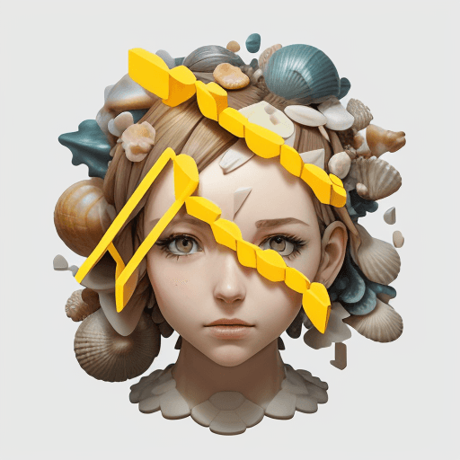 AI generated: the anatomy of a woman's head made of florescent yellow domino pieces and smashed sea shells, octopa...