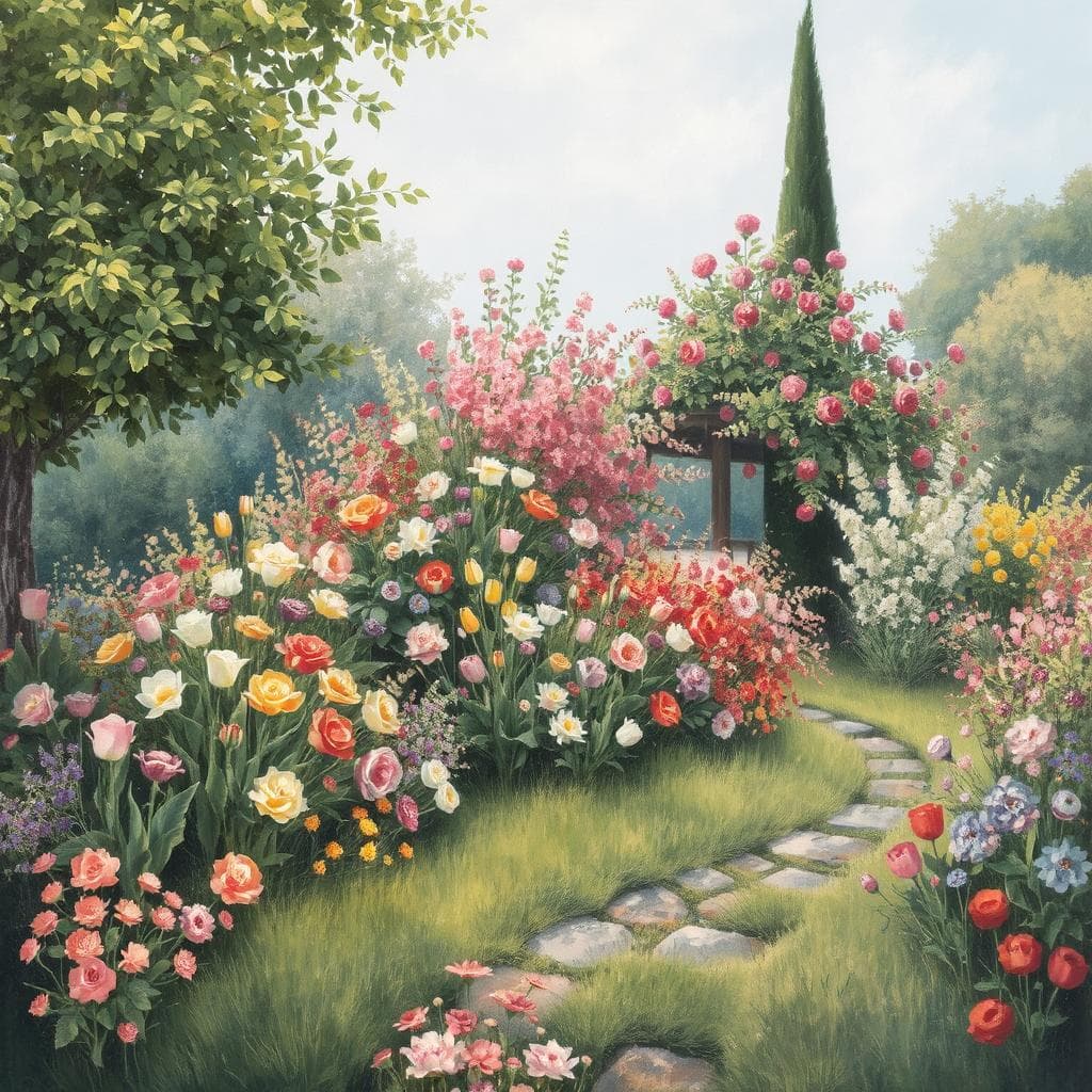 AI generated: Painting a garden rich in colorful flowers and green trees, with paths