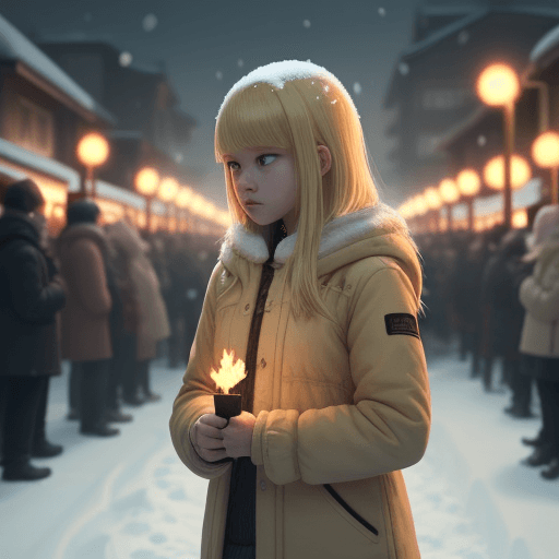 AI generated: girl blond holding match flame snow city sadness ambience 4k house crowd walk

