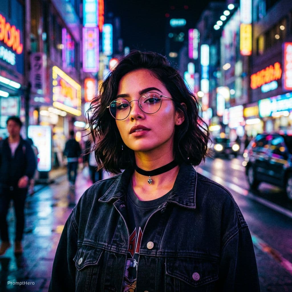 AI generated: glasses, choker, <lora:Aesthetic-Portrait-V2:1>, neon palette, <lora:neon_palette_offset:1>