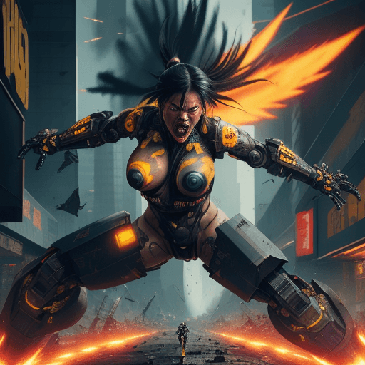 AI generated: painterly style, photorealistic, detailed flying debris, more colorful, a screaming in rage cyberpun...