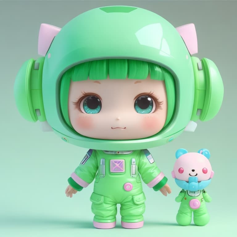 AI generated: 3D animation character art toy, chibi girl green astronaut, ((( create fantacy colourful pastel astr...
