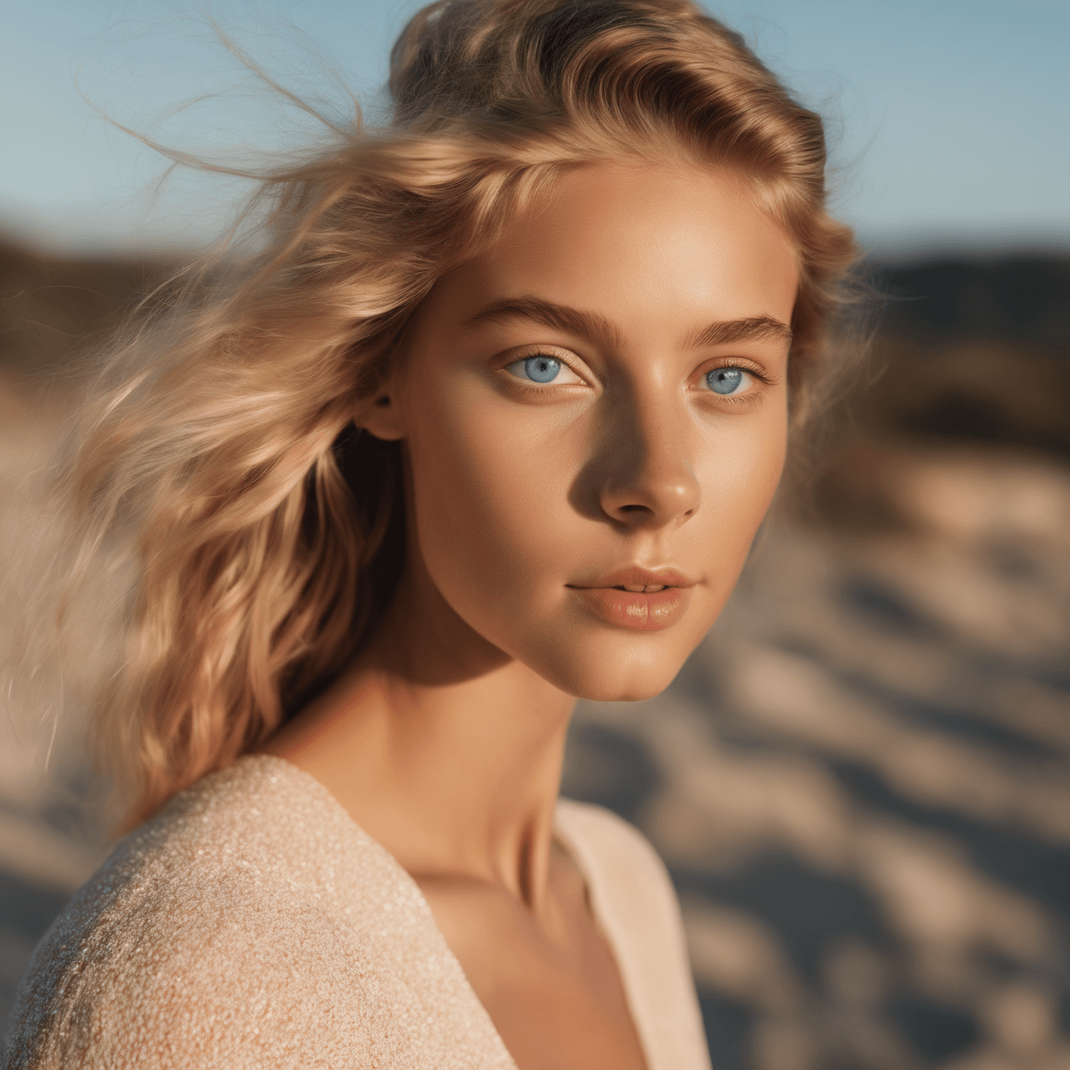 AI generated: An effervescent 23-year-old with a flawless complexion and radiant blue eyes is bathed in soft, natu...