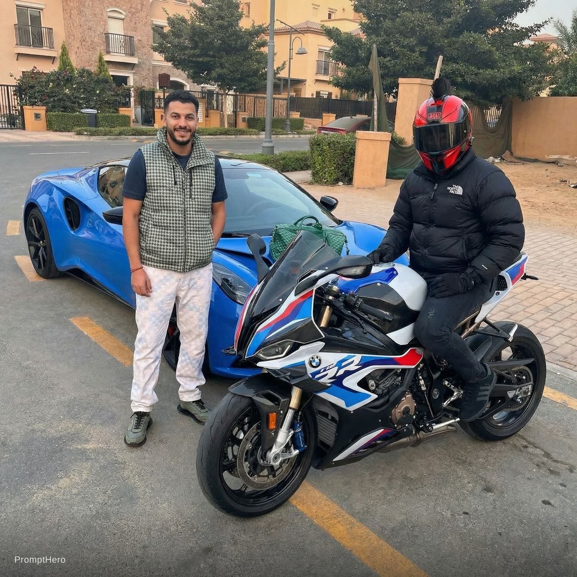 AI generated: Merge the bike and the biker beside the car, let the man looks at the camera.