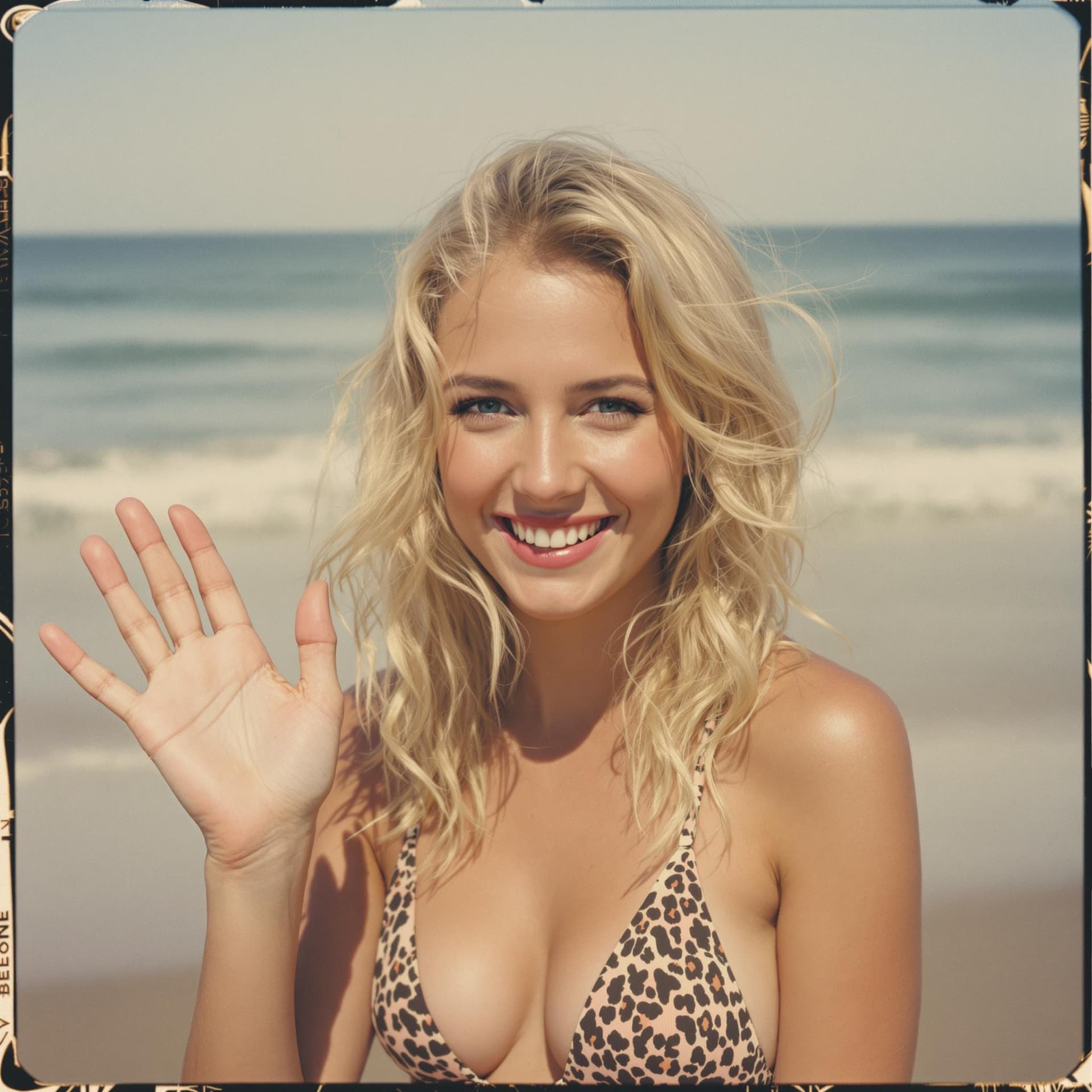 AI generated: young blonde woman, tanned white skin, thin body, using a light makeup. She's on a trip to the beach...