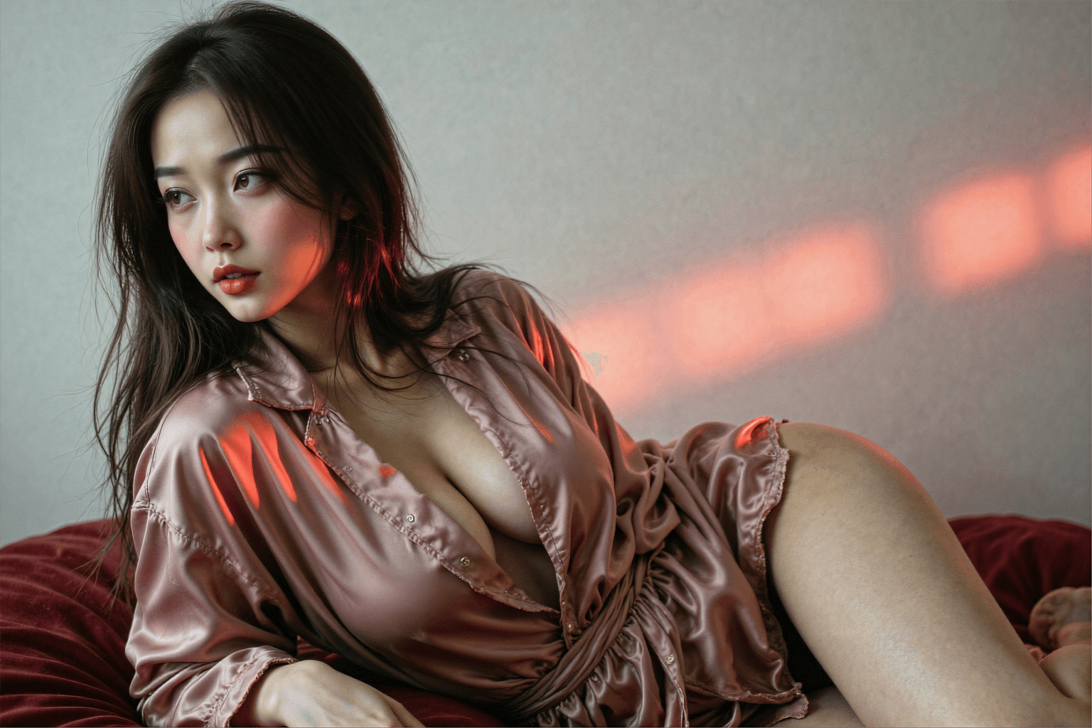 AI generated: A highly detailed, photorealistic, cinematic medium shot of a beautiful young chinese woman lounging...