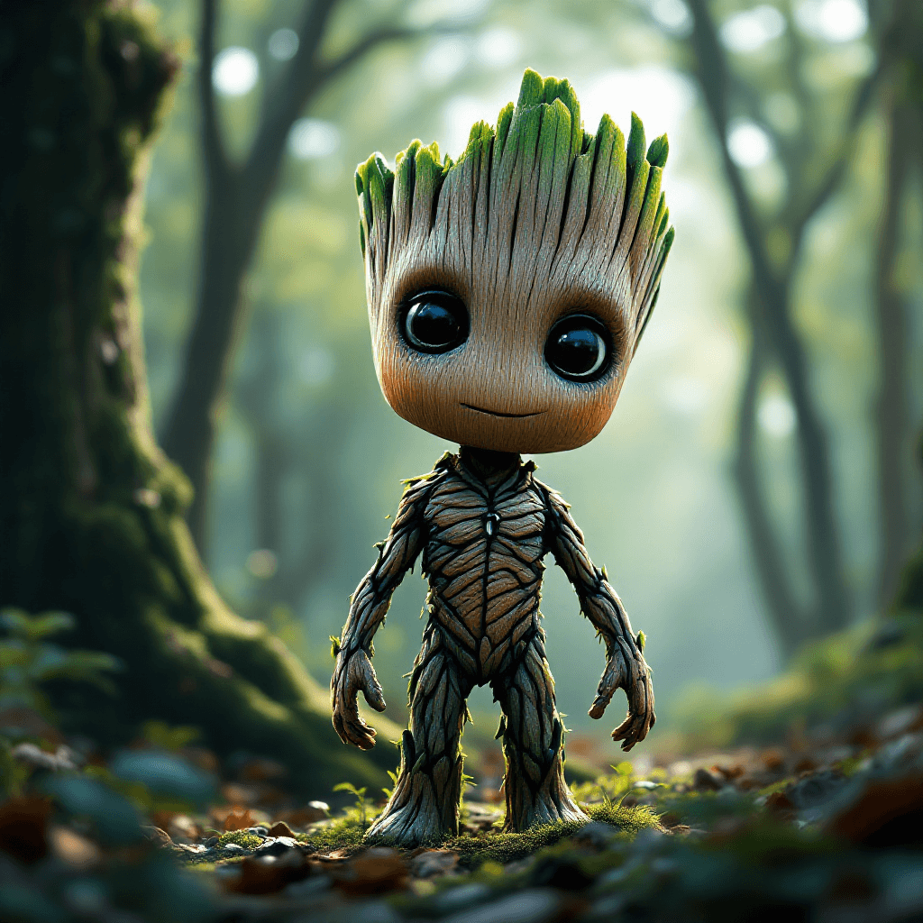 AI generated: baby groot, standing in forest, 