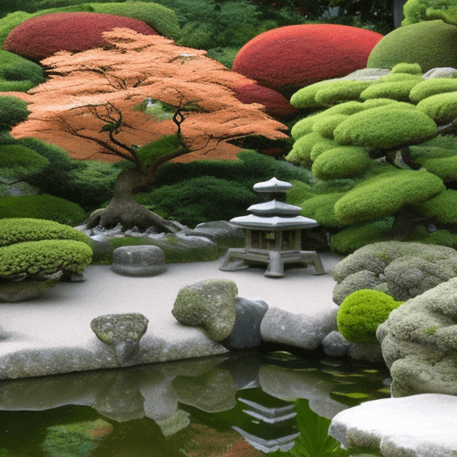 AI generated: A tranquil Japanese garden with meticulously crafted bonsai trees, stone pathways, and a serene koi ...