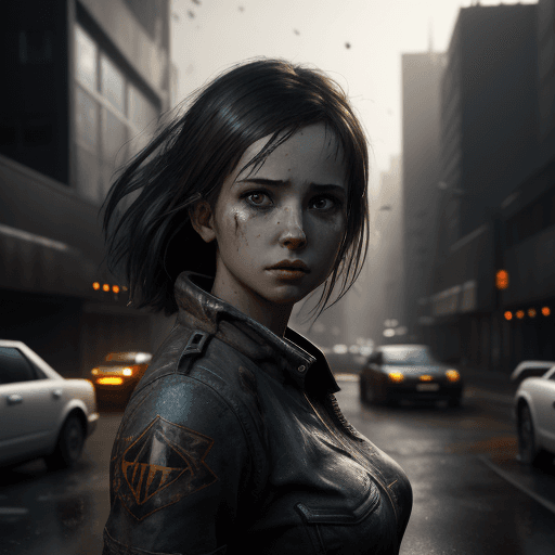 AI generated: a girl, pretty face, cinematic lighting, battered, in modern city, with flaying car, trending on art...