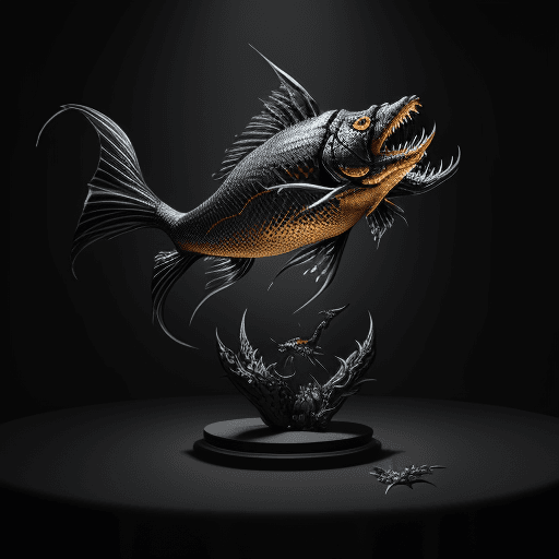 AI generated: Fish devil on the table with the design and character of Venom The fish is gold and Black dark, no w...