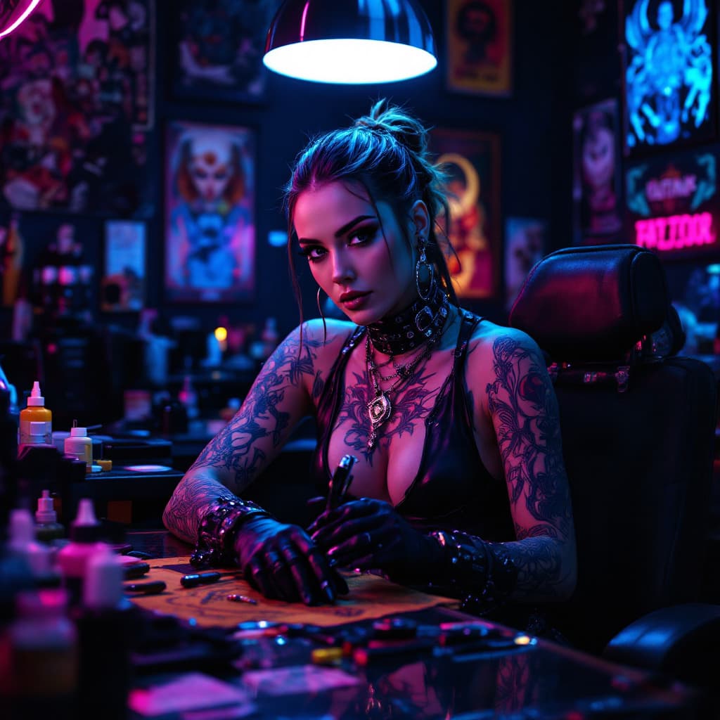 AI generated: A tattooed woman in a futuristic tattoo studio, bathed in neon blue and pink lights. She wears a sle...