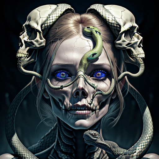 AI generated: a broken woman head with solo, skull, snakes, monster inside it, in the style of detailed it, photor...