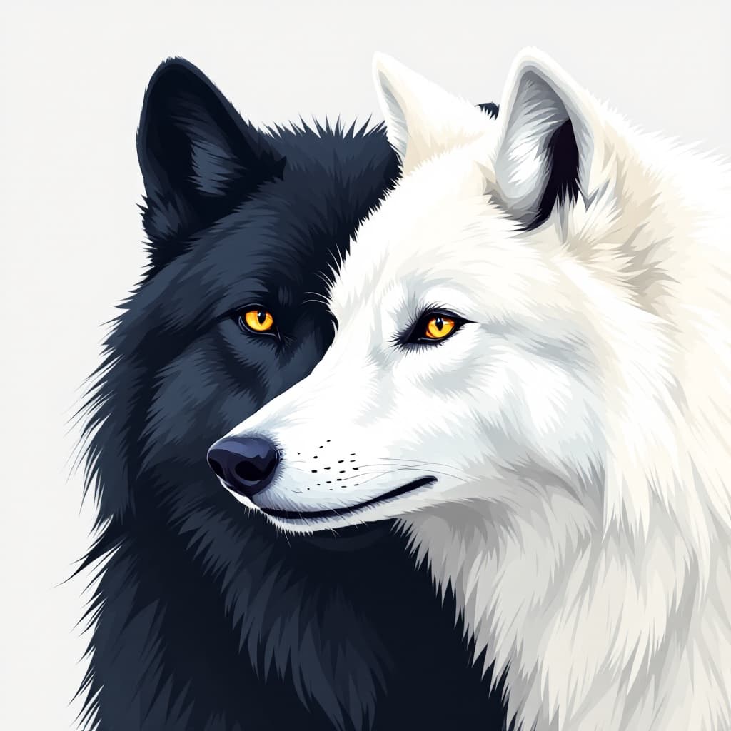 AI generated: Art illustration, sports minimalism style, fuzzy form, black wolf and white wolf, solid color backgr...