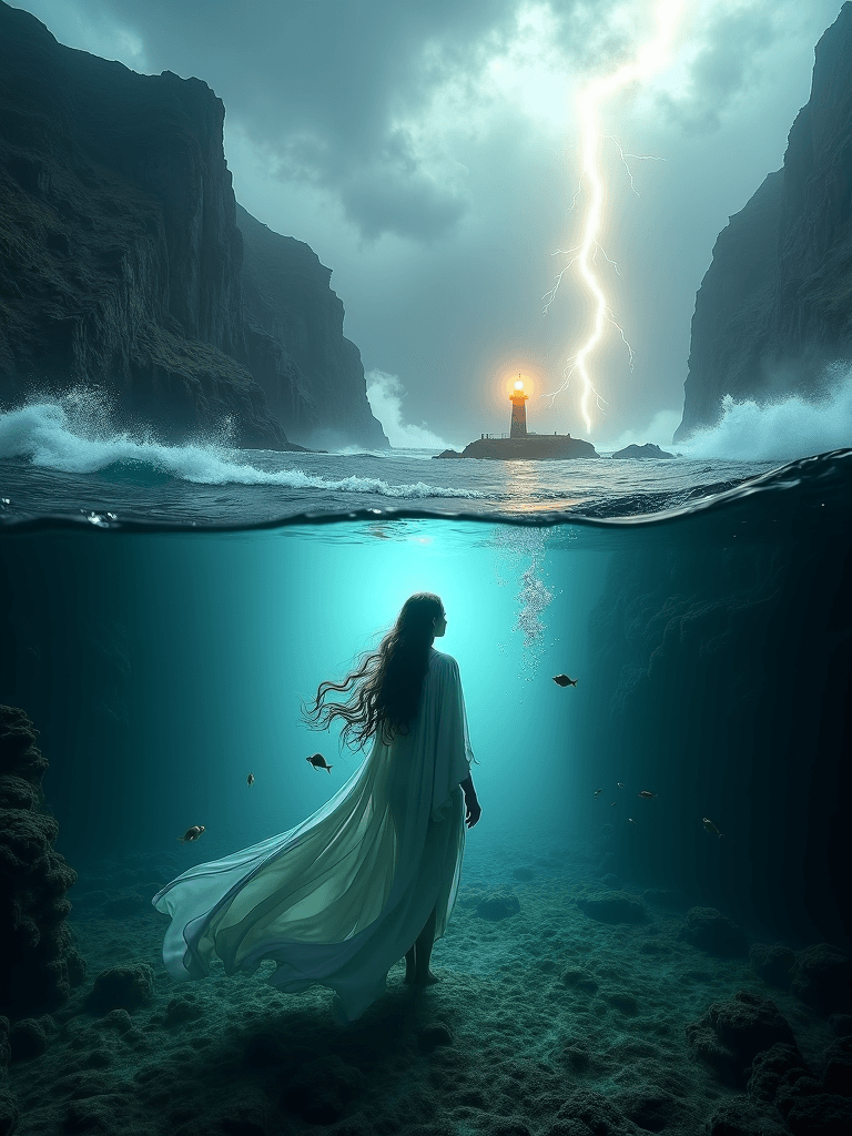 AI generated: An awe-inspiring cinematic split-frame image, where the lens is half-submerged, seamlessly blending ...
