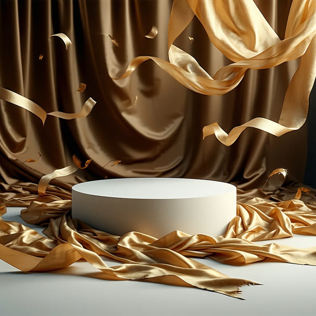 AI generated: a white platform absolut empty on top, sittign in a middle of a brown cloth, inspired by Anna Füssli...