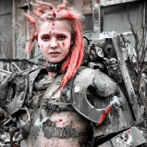AI generated: Postapocalyptic combat scene with a Beautiful hyperrealistic photograph of cute Young Swedish woman ...