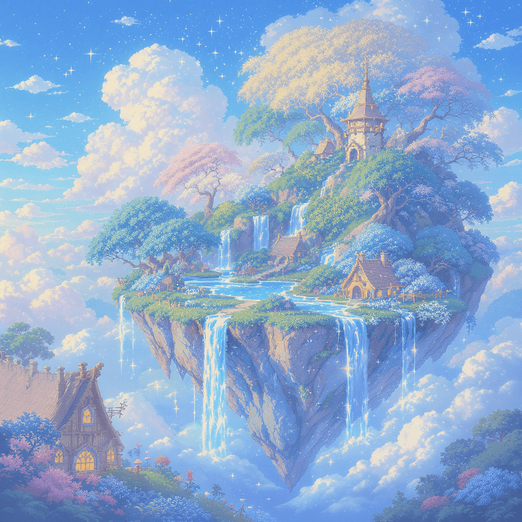 AI generated: 16-bit pixel art, a magical floating island above the clouds, lush greenery, waterfalls spilling int...
