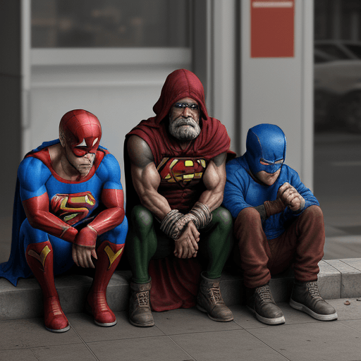 AI generated: Super heroes homeless, 4 k ultra HD 