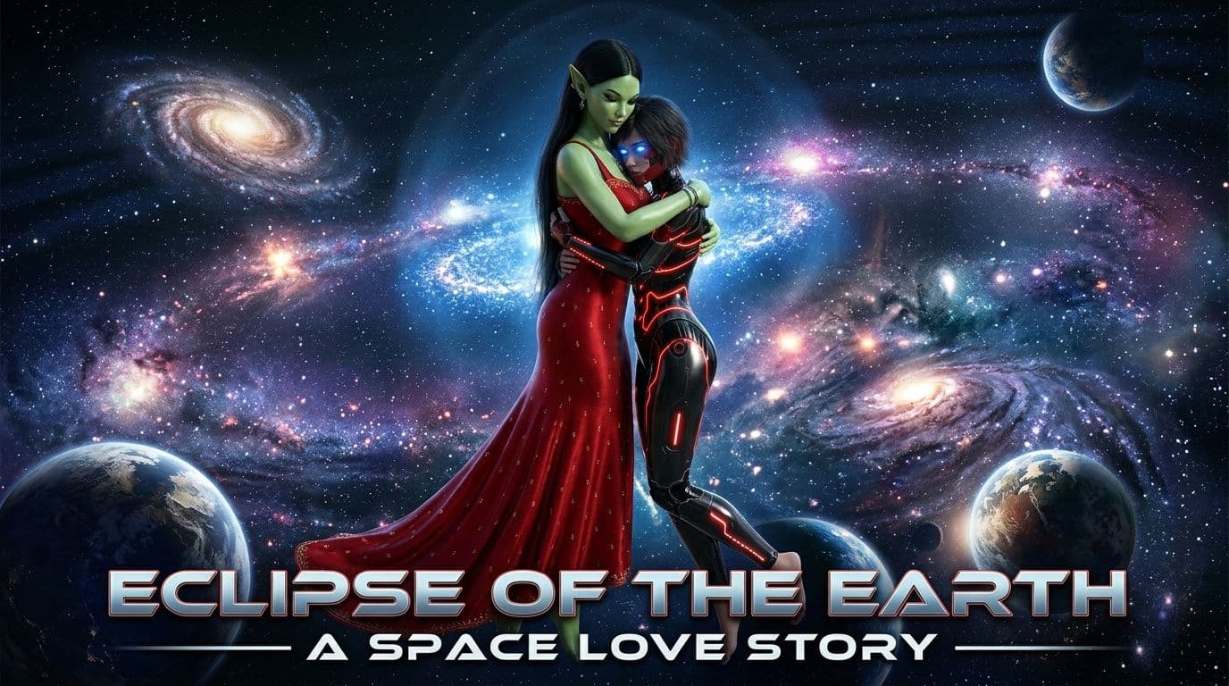 AI generated:  Make a movie poster in 16.9 with these two characters hugging in space with galaxies and planets. T...