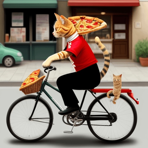 AI generated: A cat riding a bicycle with a pizza in hand