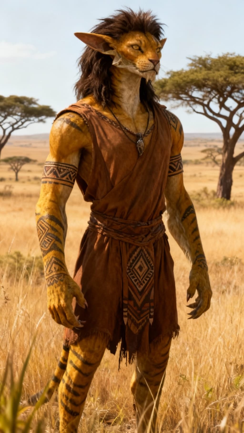 AI generated: Blend species of feline to create a new anthropomorphic species from this original with no tail. Alt...