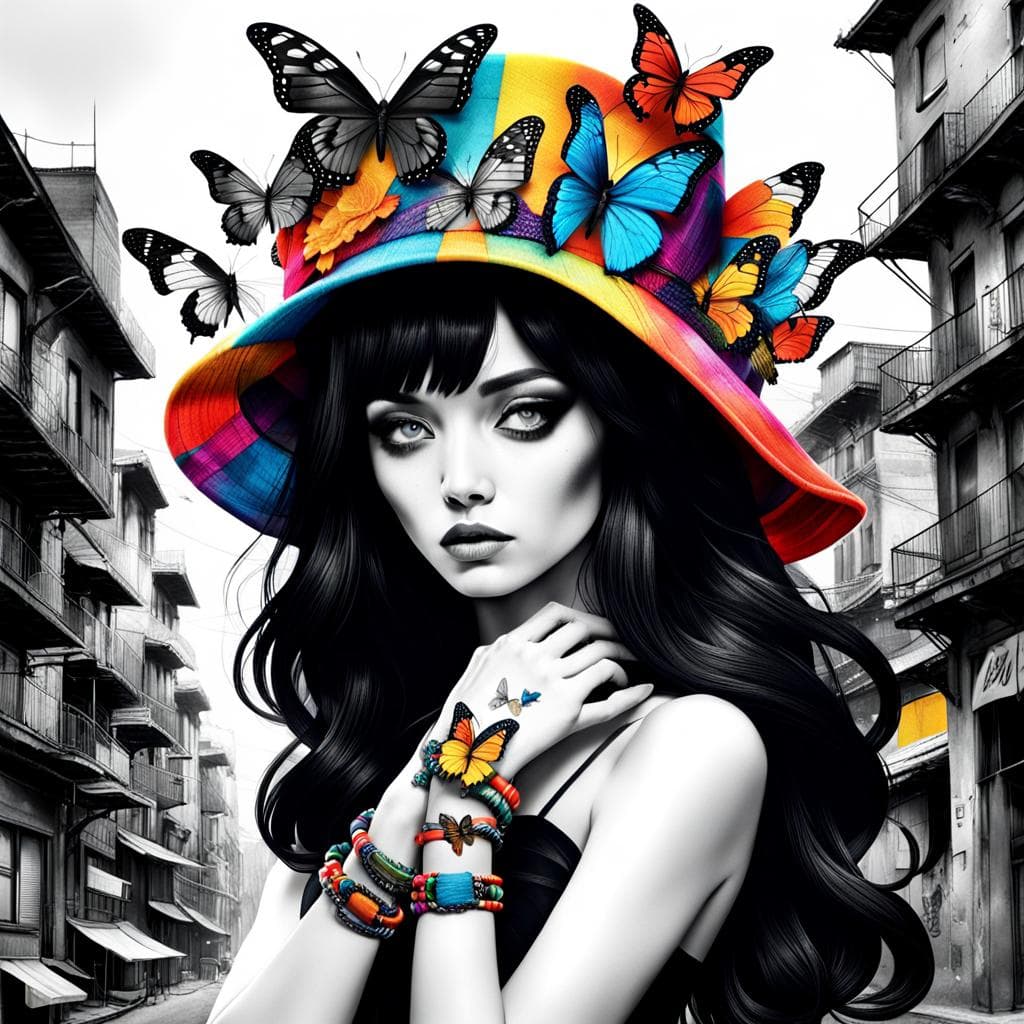 AI generated: A black and white photo of a woman's torso is reimagined with a vibrant, multi-colored hat, integrat...