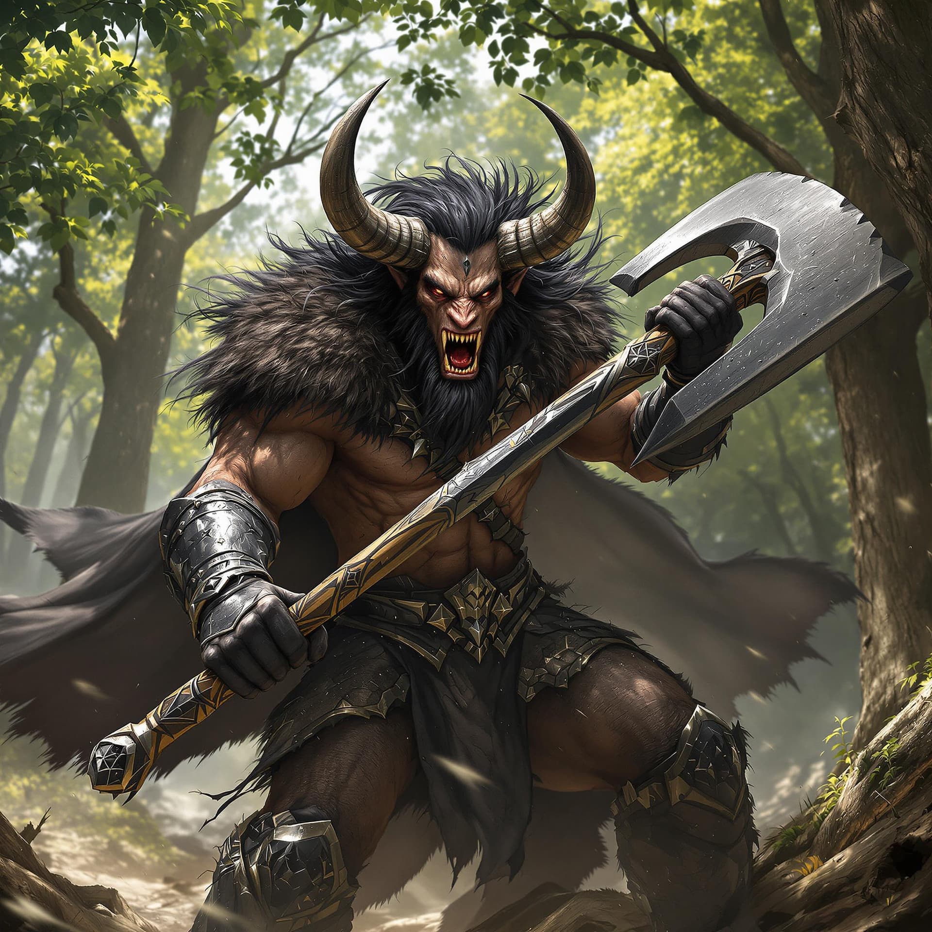 AI generated: A minotaur warrior, clad in battered black armor. His fur-lined cloak billows behind him as he lunge...