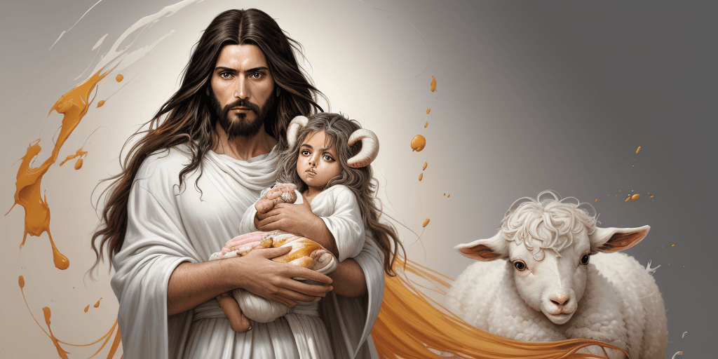 AI generated: an Abstract oil painting of extreme long shot full length portrait of jesus christ holding cute baby...