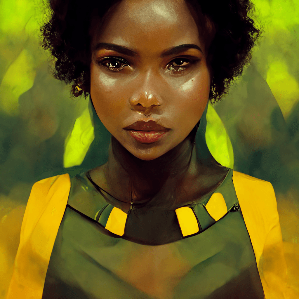 AI generated: pretty woman, brown skin, green eyes, futuristic yellow dress, rocky terrain