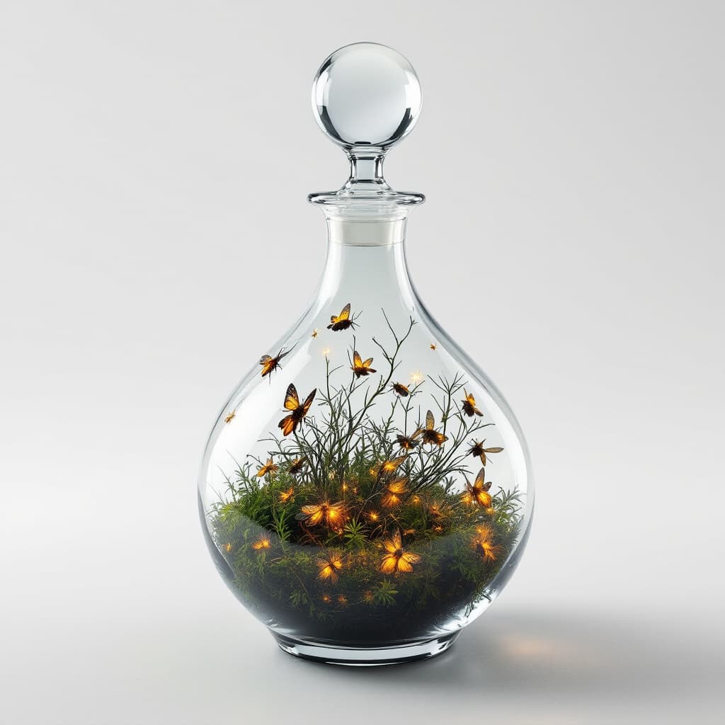 AI generated: a wide based decanter  made of crystal , that has a swarm of fireflies in it