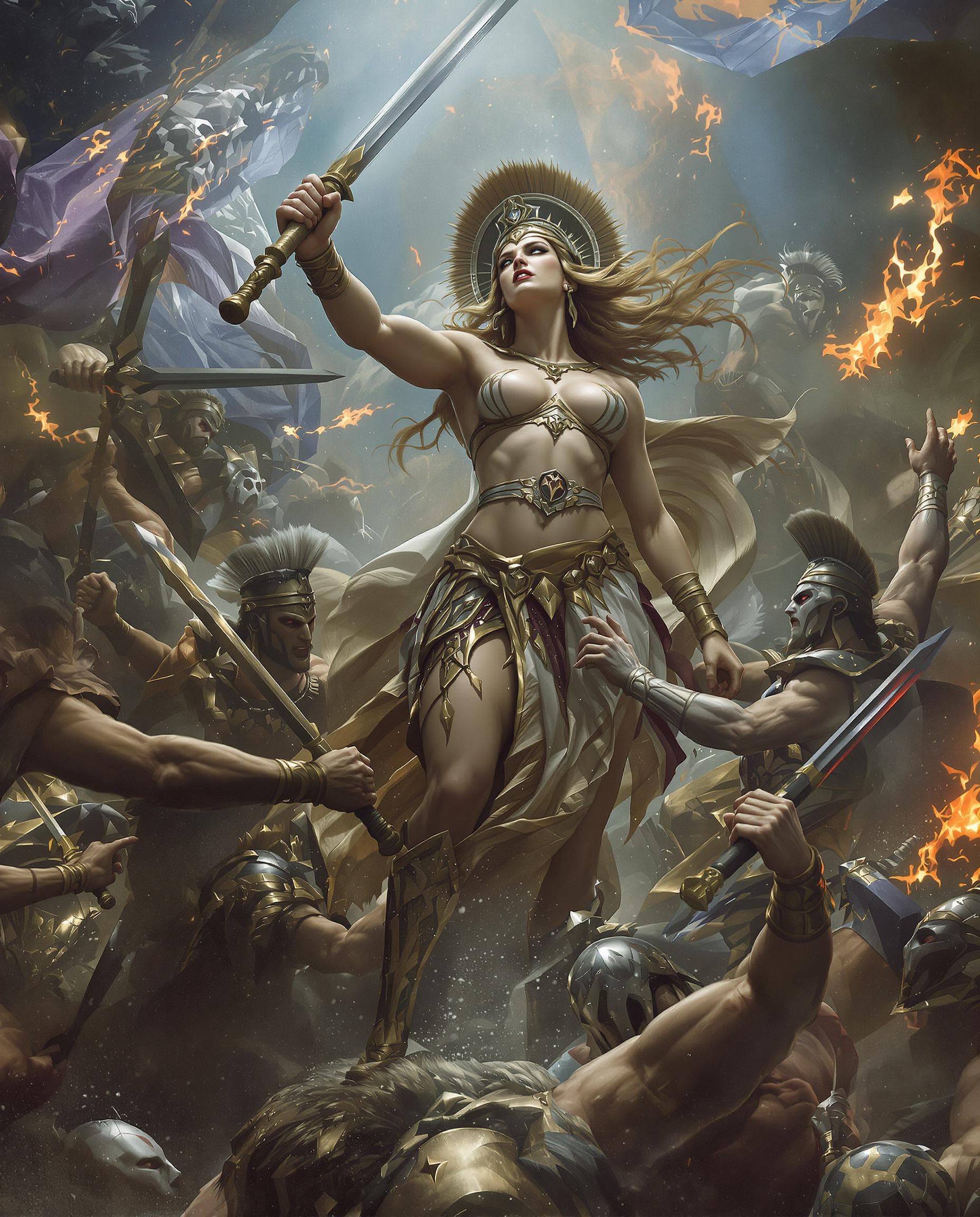 AI generated: A dramatic depiction of Athena, the Greek goddess of wisdom and war, in an intense battle against ot...