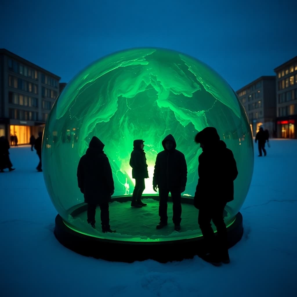 AI generated: Candid street photography, 9:16 aspect ratio. Glowing crystal dome in frozen Antarctic landscape. Sh...
