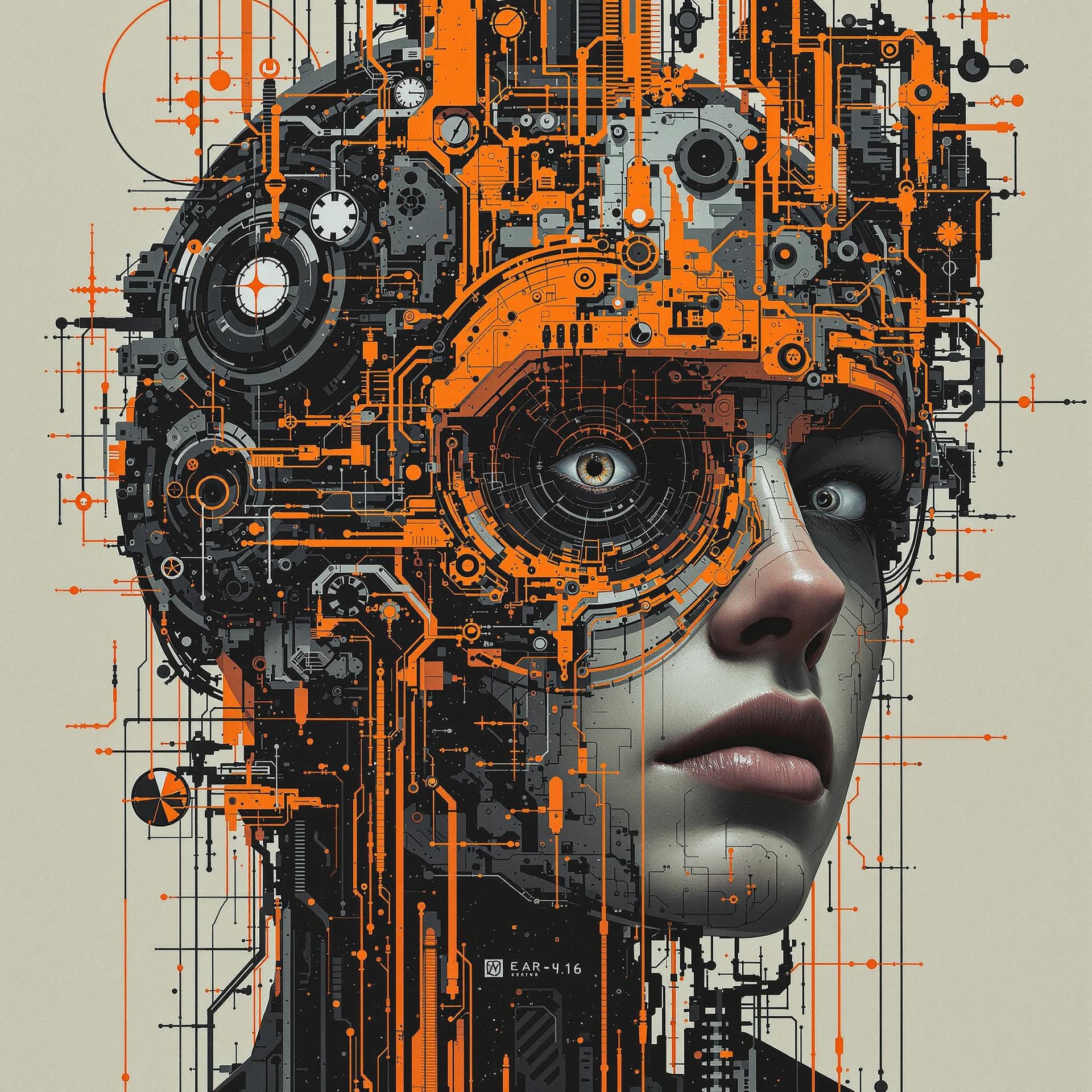 AI generated: artistic, portrait, synthetic human mechanic, complexity with details, empty eye, limited colors are...