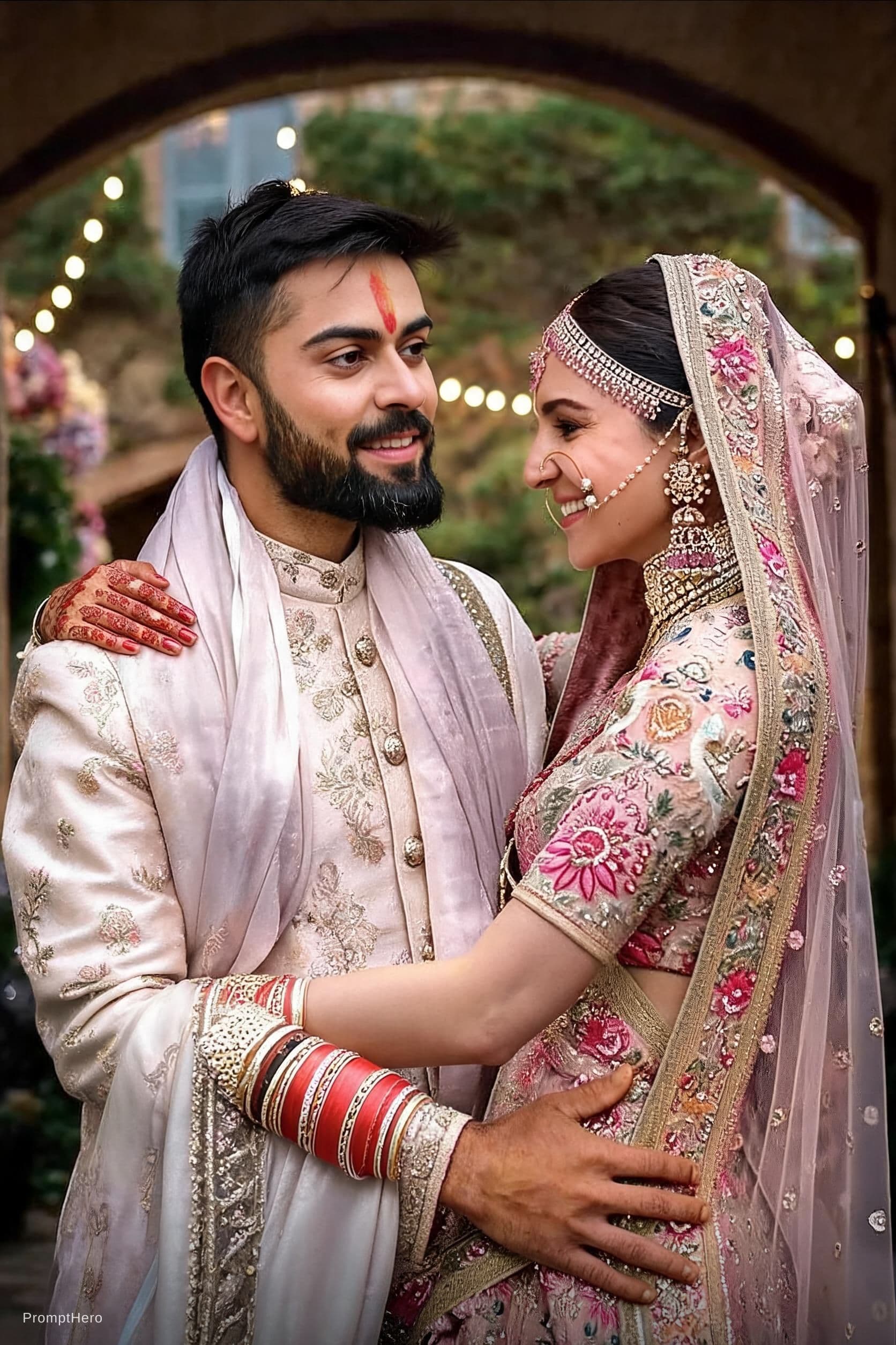 AI generated: from the first refrence image create the same image of the couple in the second image with same face...