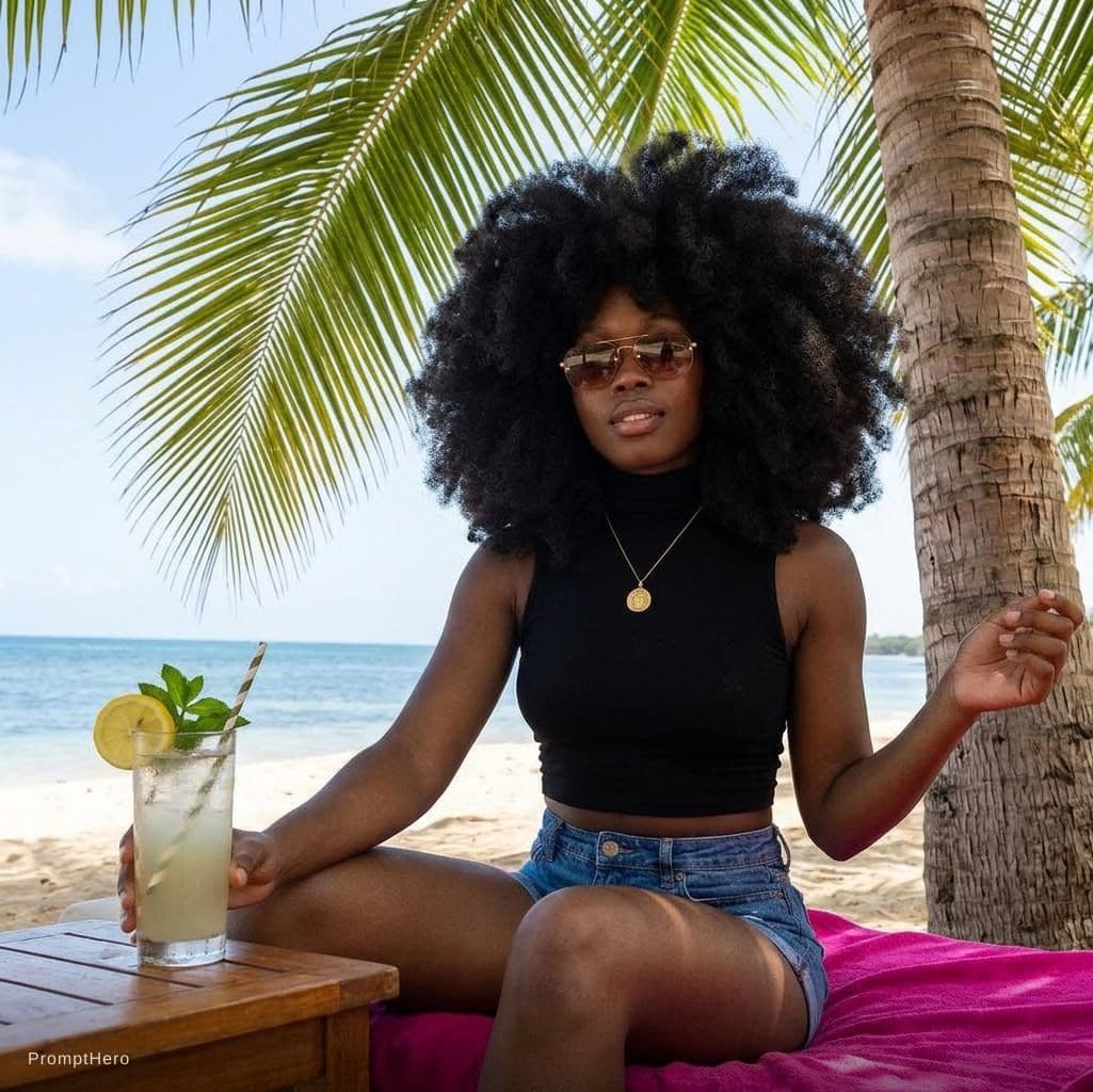 AI generated: A woman wearing a sleeveless black turtleneck crop top, under a palm tree sitting on a fuchsia color...