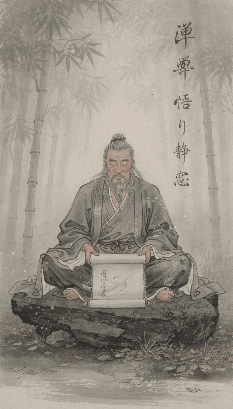 AI generated: Ancient wise Oshō, full body, sitting cross-legged on stone slab, holding ancient silk scroll, eyes ...