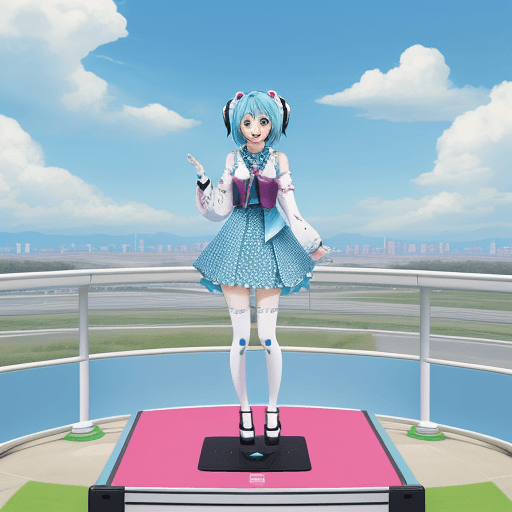 AI generated: miku japanese virtual singer stand and sing ,sky background,Mirait Almachi Highway, Polka Dot, keise...