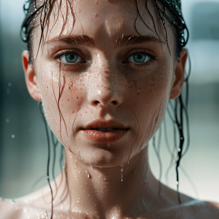 AI generated: view of a wet glass, stunning raw close-up color photography portrait of a beautiful woman, sharp fo...