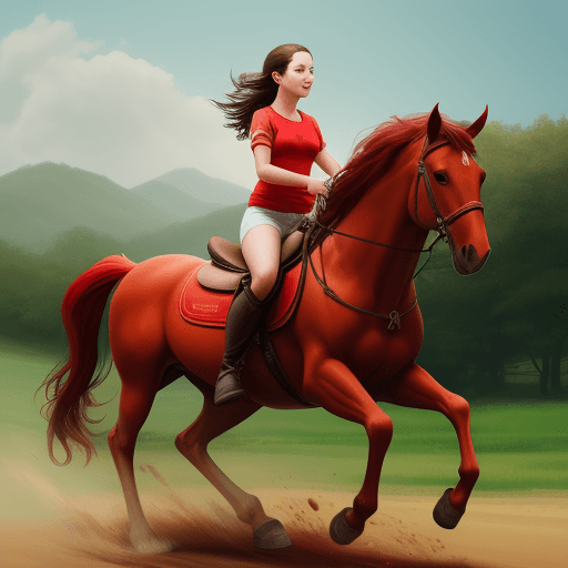 AI generated: girl riding a red horse 

