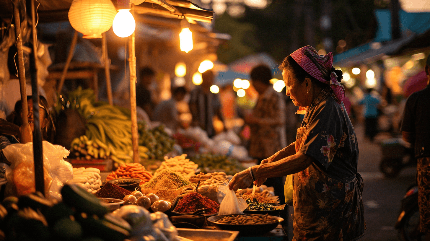 AI generated: professional photograph, Southeast Asian market, evening, street vendors, local foods, spices, handm...