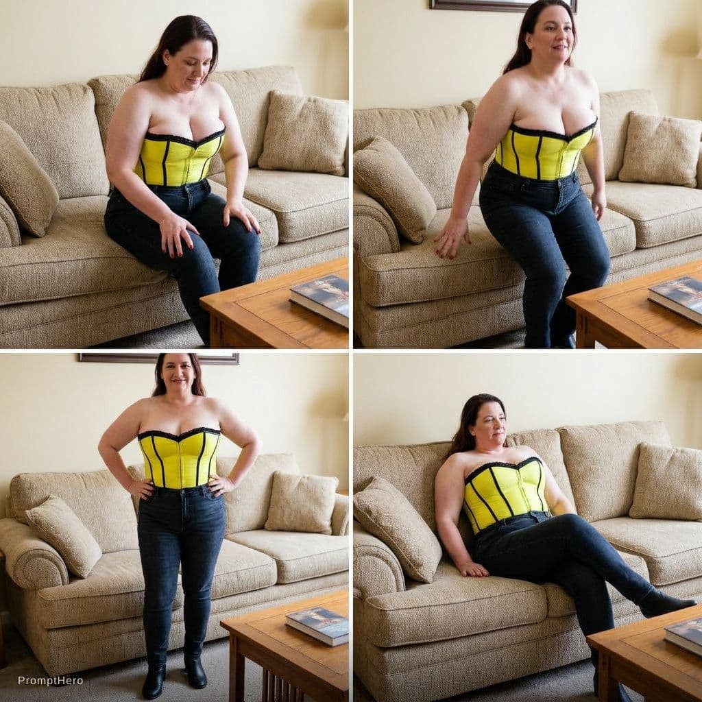 AI generated: a woman rises from the couch and models before sutting back down