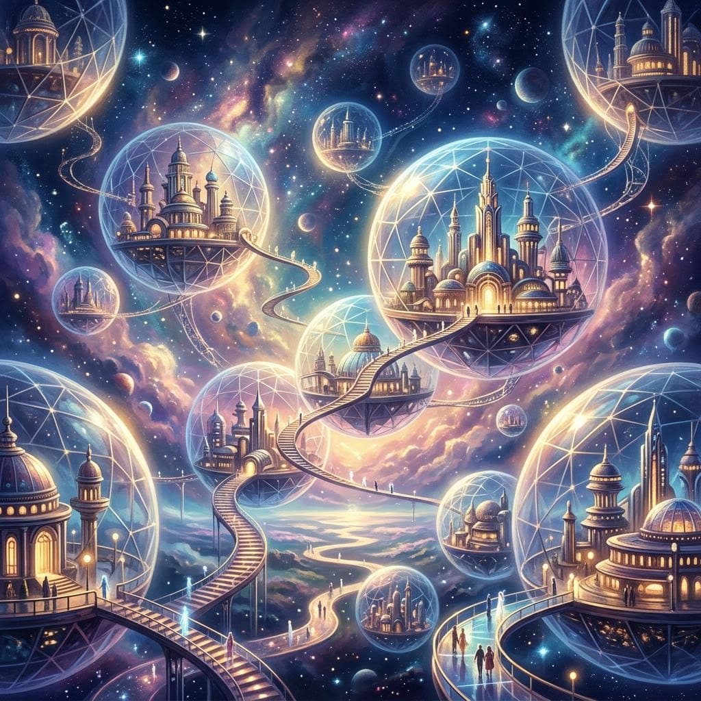 AI generated: Dream architecture suspended within giant transparent spheres, symbolic retro futurist fantasy, grav...